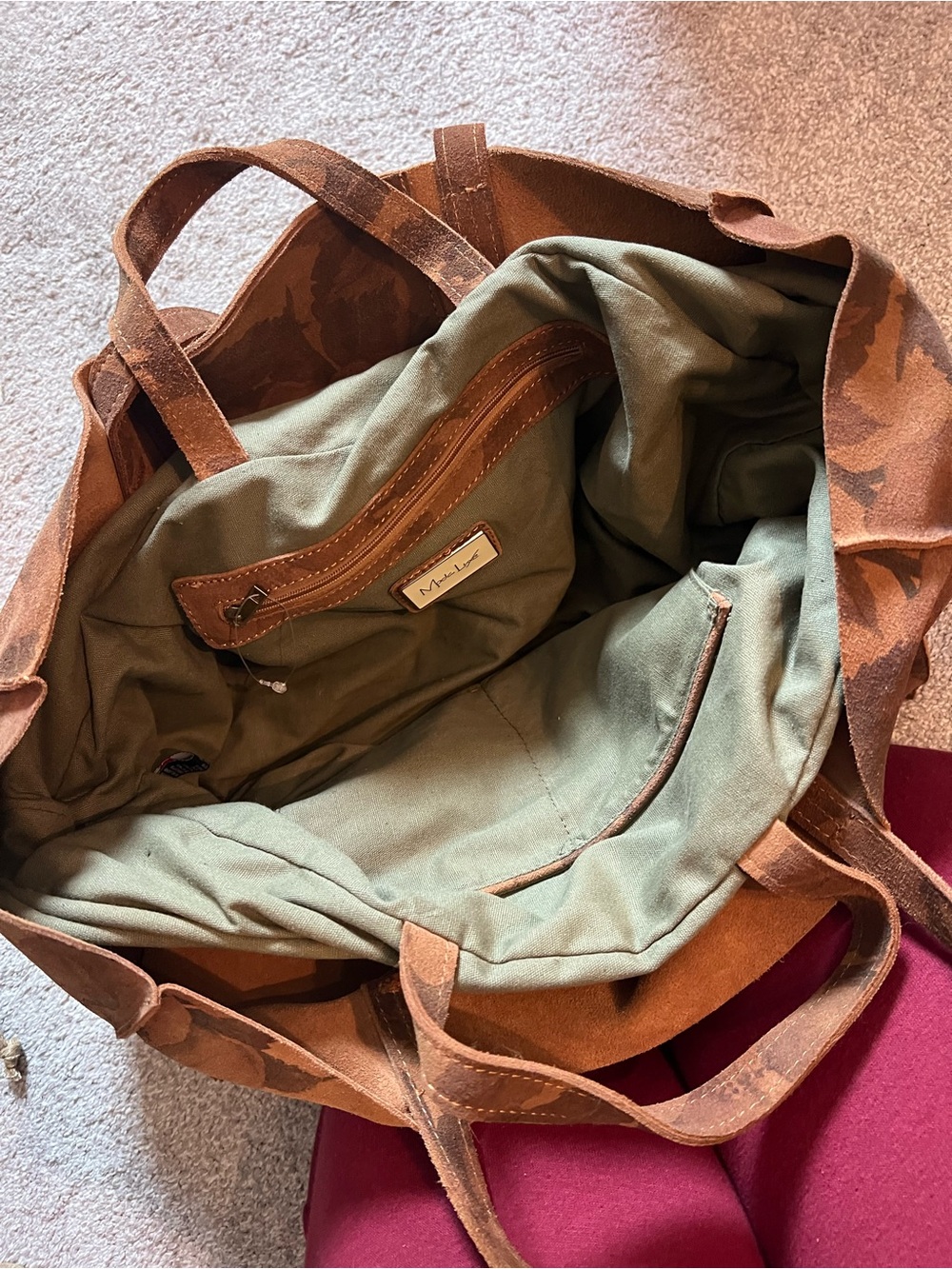 Moda Luxe Brown Floral Leather Tote with Olive Insert - Picture 4 of 5